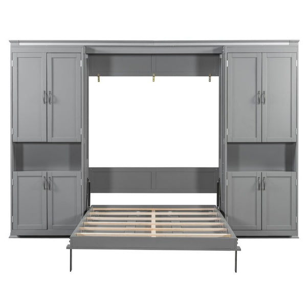 English Elm Full-Size Murphy Bed with Sliding Cabinets and Six-Tier Shelves for Modern Living Gray LP000919AAE-1