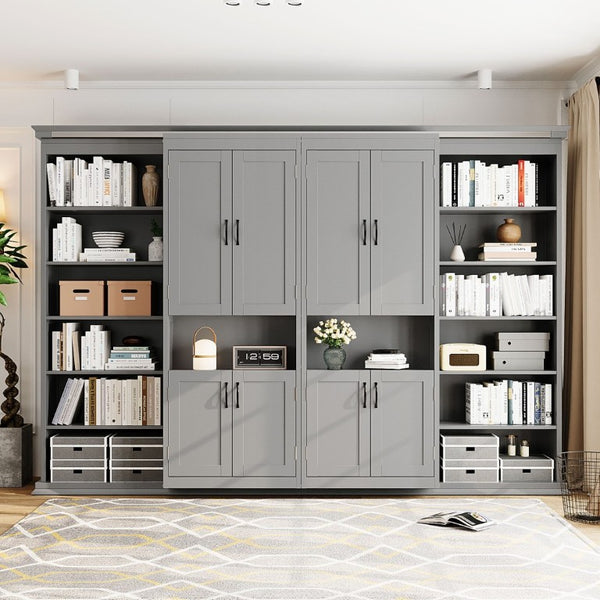 English Elm Full-Size Murphy Bed with Sliding Cabinets and Six-Tier Shelves for Modern Living Gray LP000919AAE-1