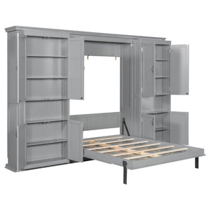English Elm Full-Size Murphy Bed with Sliding Cabinets and Six-Tier Shelves for Modern Living Gray LP000919AAE-1