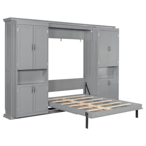 English Elm Full-Size Murphy Bed with Sliding Cabinets and Six-Tier Shelves for Modern Living Gray LP000919AAE-1