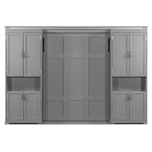 English Elm Full-Size Murphy Bed with Sliding Cabinets and Six-Tier Shelves for Modern Living Gray LP000919AAE-1