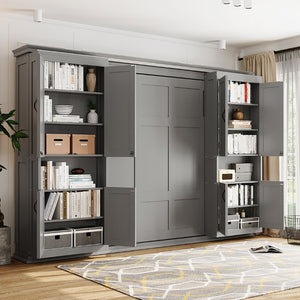 English Elm Full-Size Murphy Bed with Sliding Cabinets and Six-Tier Shelves for Modern Living Gray LP000919AAE-1