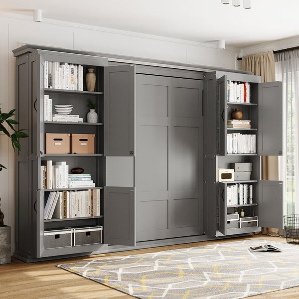 English Elm Full-Size Murphy Bed with Sliding Cabinets and Six-Tier Shelves for Modern Living Gray LP000919AAE-1