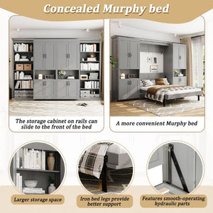 English Elm Full-Size Murphy Bed with Sliding Cabinets and Six-Tier Shelves for Modern Living Gray LP000919AAE-1