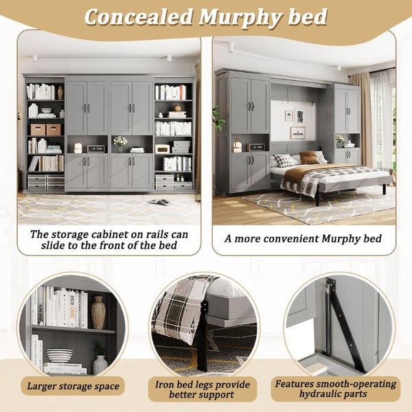 English Elm Full-Size Murphy Bed with Sliding Cabinets and Six-Tier Shelves for Modern Living Gray LP000919AAE-1