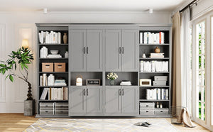 English Elm Full-Size Murphy Bed with Sliding Cabinets and Six-Tier Shelves for Modern Living Gray LP000919AAE-1