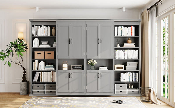 English Elm Full-Size Murphy Bed with Sliding Cabinets and Six-Tier Shelves for Modern Living Gray LP000919AAE-1