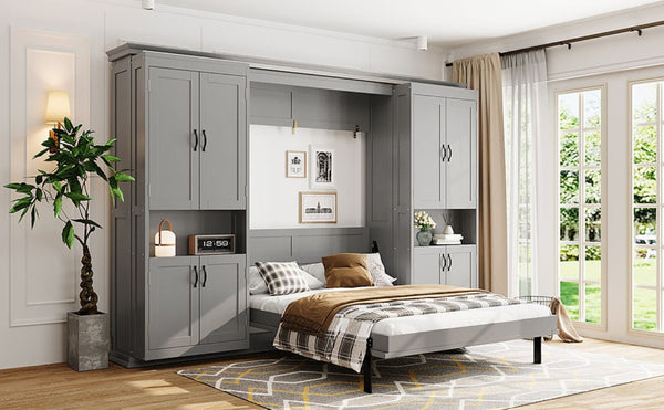 English Elm Full-Size Murphy Bed with Sliding Cabinets and Six-Tier Shelves for Modern Living Gray LP000919AAE-1