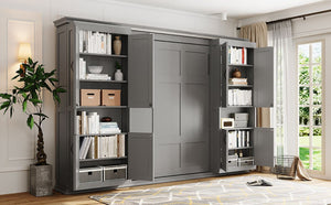 English Elm Full-Size Murphy Bed with Sliding Cabinets and Six-Tier Shelves for Modern Living Gray LP000919AAE-1