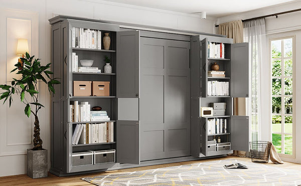 English Elm Full-Size Murphy Bed with Sliding Cabinets and Six-Tier Shelves for Modern Living Gray LP000919AAE-1