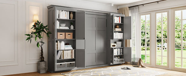 English Elm Full-Size Murphy Bed with Sliding Cabinets and Six-Tier Shelves for Modern Living Gray LP000919AAE-1