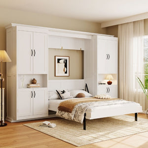 English Elm Full-Size Murphy Bed with Sliding Cabinets and Six-Tier Shelves for Modern Living White LP000919AAK-2