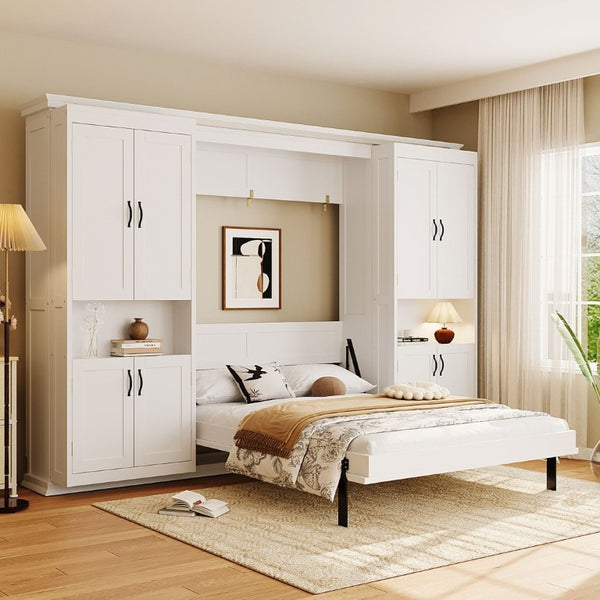 English Elm Full-Size Murphy Bed with Sliding Cabinets and Six-Tier Shelves for Modern Living White LP000919AAK-2