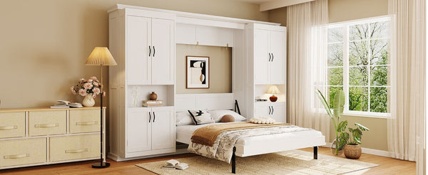 English Elm Full-Size Murphy Bed with Sliding Cabinets and Six-Tier Shelves for Modern Living White LP000919AAK-2