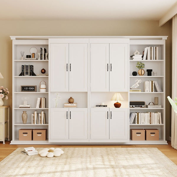 English Elm Full-Size Murphy Bed with Sliding Cabinets and Six-Tier Shelves for Modern Living White LP000919AAK-2