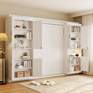 English Elm Full-Size Murphy Bed with Sliding Cabinets and Six-Tier Shelves for Modern Living White LP000919AAK-2