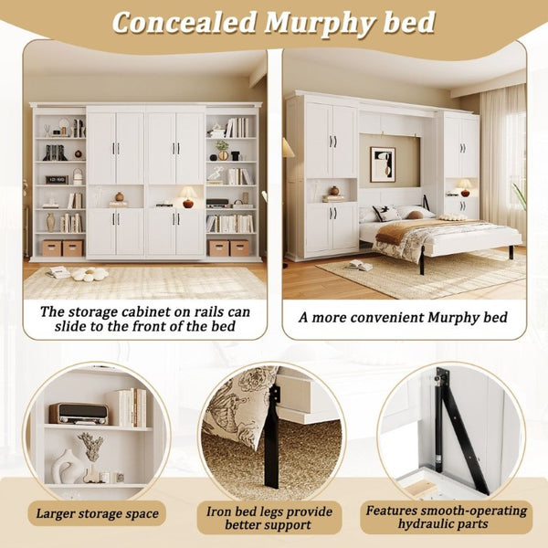 English Elm Full-Size Murphy Bed with Sliding Cabinets and Six-Tier Shelves for Modern Living White LP000919AAK-2