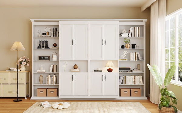 English Elm Full-Size Murphy Bed with Sliding Cabinets and Six-Tier Shelves for Modern Living White LP000919AAK-2