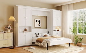 English Elm Full-Size Murphy Bed with Sliding Cabinets and Six-Tier Shelves for Modern Living White LP000919AAK-2