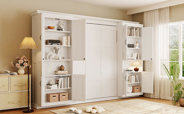 English Elm Full-Size Murphy Bed with Sliding Cabinets and Six-Tier Shelves for Modern Living White LP000919AAK-2