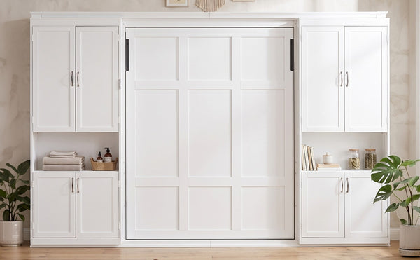 English Elm Full Size Murphy Wall Bed with Integrated Wardrobe and Drawers for Space Saving Bedrooms Queen LP000929AAK