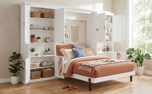 English Elm Full Size Murphy Wall Bed with Integrated Wardrobe and Drawers for Space Saving Bedrooms Queen LP000929AAK