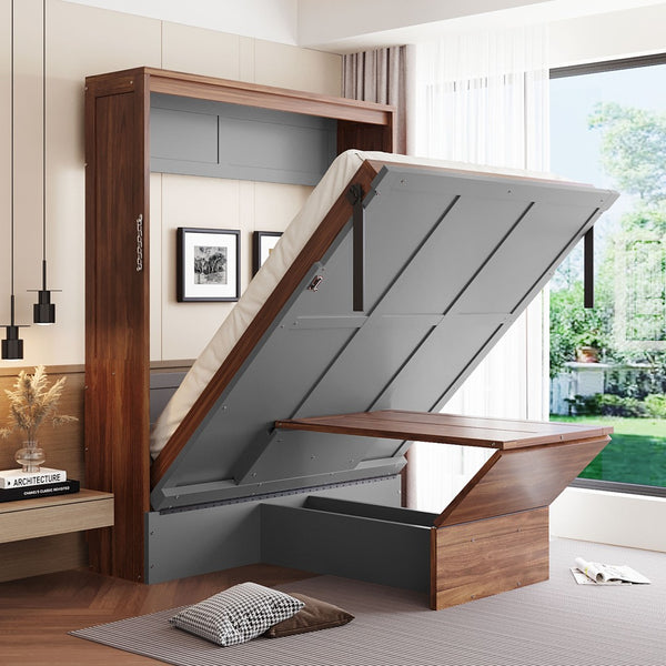 English Elm Full Size Wall Bed with Integrated Desk Walnut Finish for Small Apartments Gray LP000995AAE-1