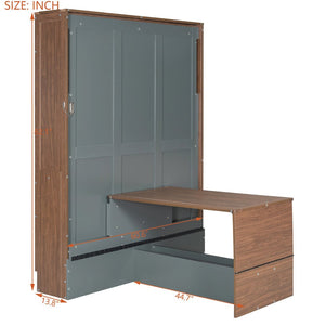 English Elm Full Size Wall Bed with Integrated Desk Walnut Finish for Small Apartments Gray LP000995AAE-1