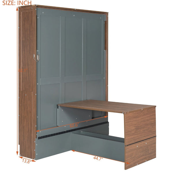 English Elm Full Size Wall Bed with Integrated Desk Walnut Finish for Small Apartments Gray LP000995AAE-1
