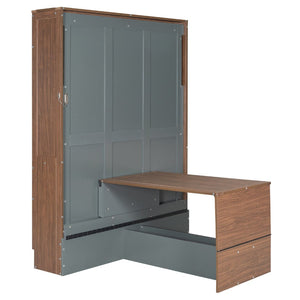 English Elm Full Size Wall Bed with Integrated Desk Walnut Finish for Small Apartments Gray LP000995AAE-1