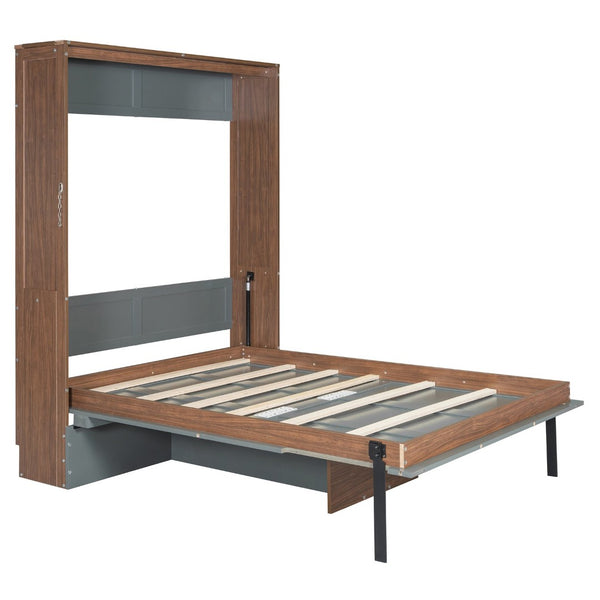 English Elm Full Size Wall Bed with Integrated Desk Walnut Finish for Small Apartments Gray LP000995AAE-1