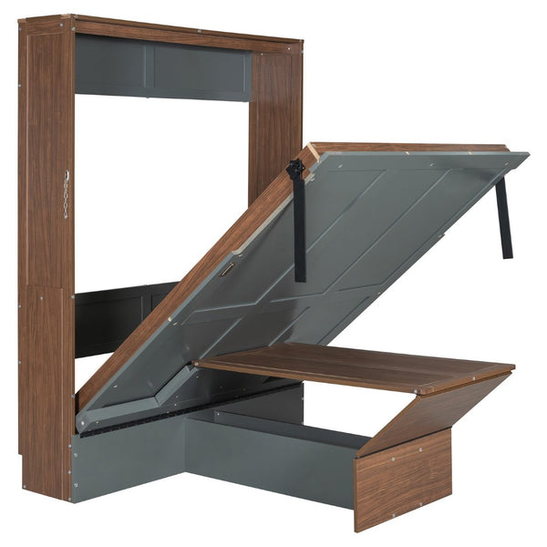 English Elm Full Size Wall Bed with Integrated Desk Walnut Finish for Small Apartments Gray LP000995AAE-1