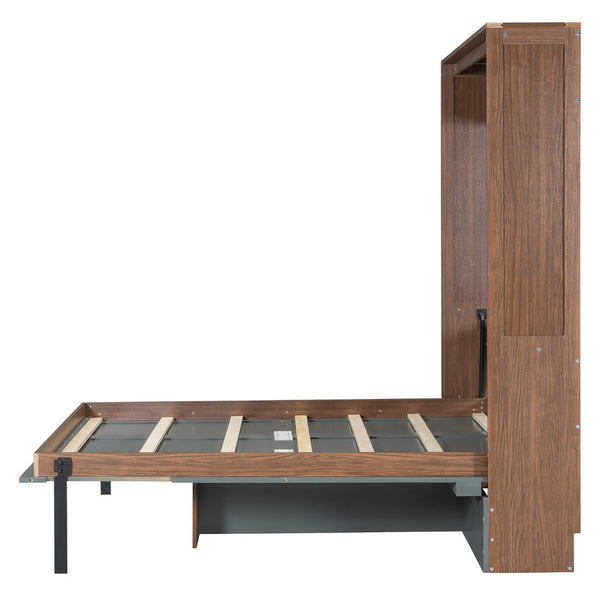 English Elm Full Size Wall Bed with Integrated Desk Walnut Finish for Small Apartments Gray LP000995AAE-1