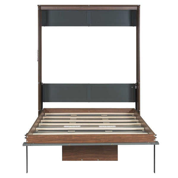 English Elm Full Size Wall Bed with Integrated Desk Walnut Finish for Small Apartments Gray LP000995AAE-1