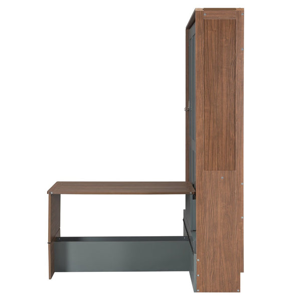English Elm Full Size Wall Bed with Integrated Desk Walnut Finish for Small Apartments Gray LP000995AAE-1