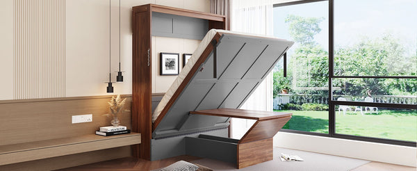 English Elm Full Size Wall Bed with Integrated Desk Walnut Finish for Small Apartments Gray LP000995AAE-1