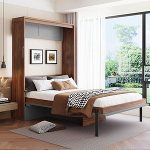 English Elm Full Size Wall Bed with Integrated Desk Walnut Finish for Small Apartments Gray LP000995AAE-1