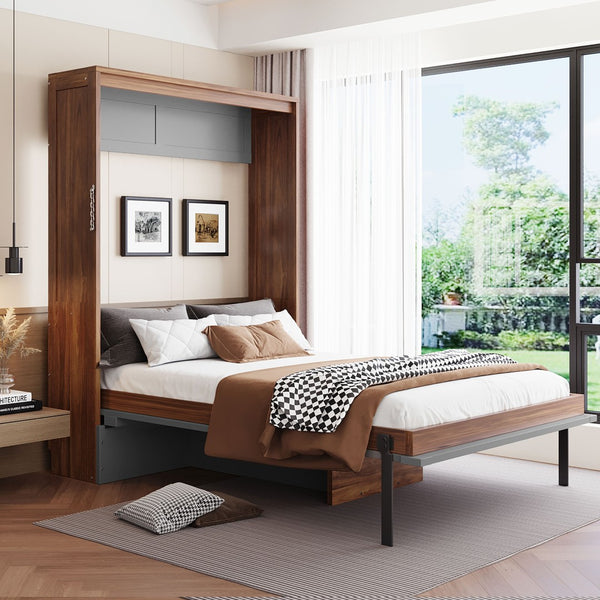 English Elm Full Size Wall Bed with Integrated Desk Walnut Finish for Small Apartments Gray LP000995AAE-1