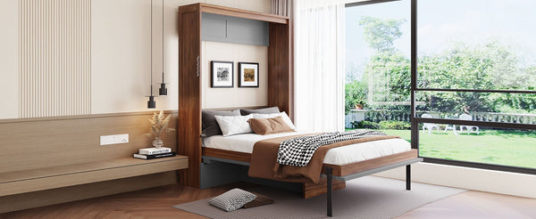 English Elm Full Size Wall Bed with Integrated Desk Walnut Finish for Small Apartments Gray LP000995AAE-1