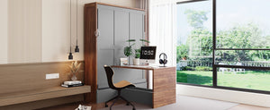 English Elm Full Size Wall Bed with Integrated Desk Walnut Finish for Small Apartments Gray LP000995AAE-1