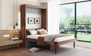 English Elm Full Size Wall Bed with Integrated Desk Walnut Finish for Small Apartments Gray LP000995AAE-1