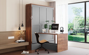 English Elm Full Size Wall Bed with Integrated Desk Walnut Finish for Small Apartments Gray LP000995AAE-1