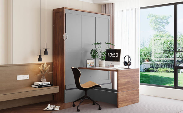 English Elm Full Size Wall Bed with Integrated Desk Walnut Finish for Small Apartments Gray LP000995AAE-1
