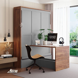 English Elm Full Size Wall Bed with Integrated Desk Walnut Finish for Small Apartments Gray LP000995AAE-1