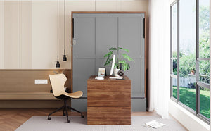English Elm Full Size Wall Bed with Integrated Desk Walnut Finish for Small Apartments Gray LP000995AAE-1