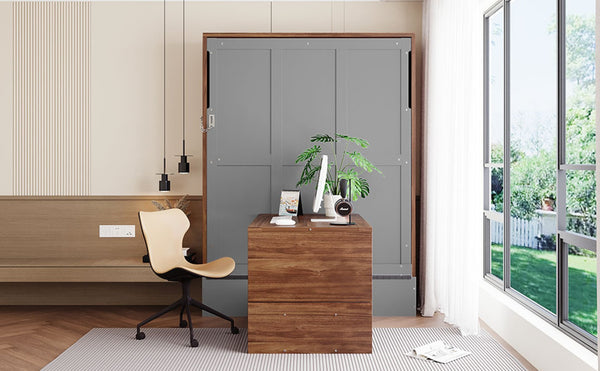 English Elm Full Size Wall Bed with Integrated Desk Walnut Finish for Small Apartments Gray LP000995AAE-1