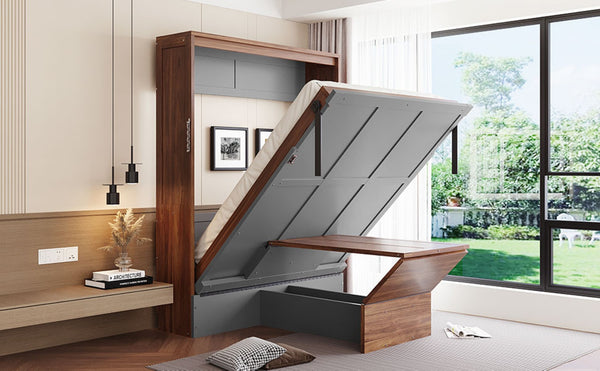 English Elm Full Size Wall Bed with Integrated Desk Walnut Finish for Small Apartments Gray LP000995AAE-1