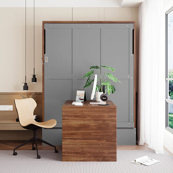 English Elm Full Size Wall Bed with Integrated Desk Walnut Finish for Small Apartments Gray LP000995AAE-1