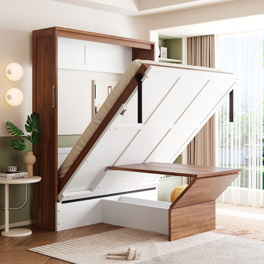 English Elm Full Size Wall Bed with Integrated Desk Walnut Finish for Small Apartments White LP000995AAK-1