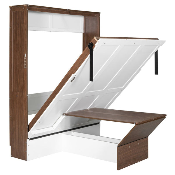 English Elm Full Size Wall Bed with Integrated Desk Walnut Finish for Small Apartments White LP000995AAK-1